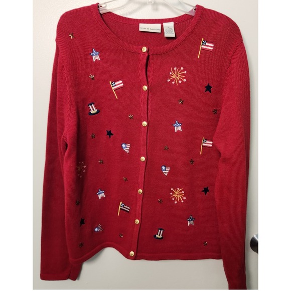 croft & barrow Sweaters - Croft & Barrow Lrg 4th of July Embroidered Button Cardigan Vintage Patriotic